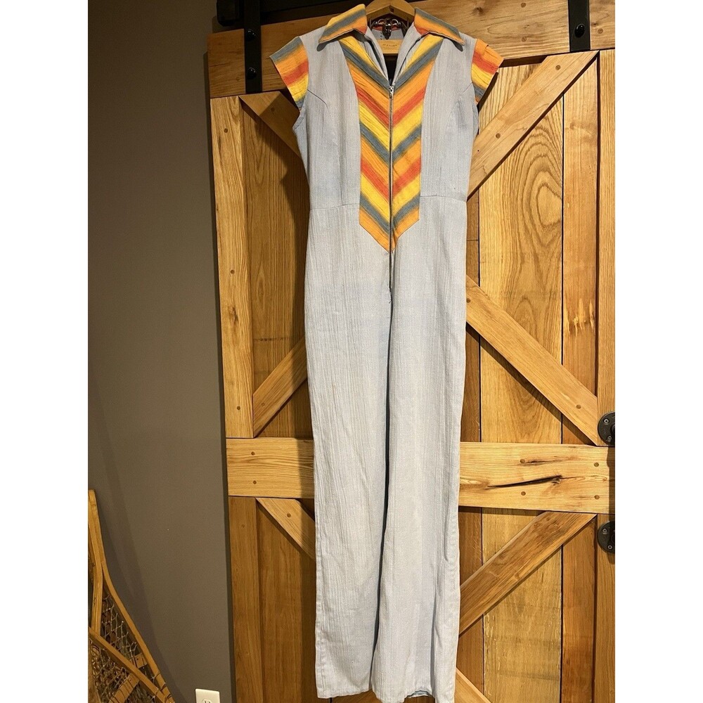 Vintage 70s Denim Jumpsuit Patchwork Halter Wide Leg Flares XS-S